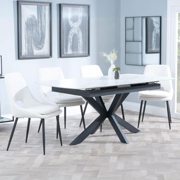 Bari White Ceramic 6-8 Seater 140cm-180cm Extending Dining Set with Peyton Cream Fabric Dining Chair