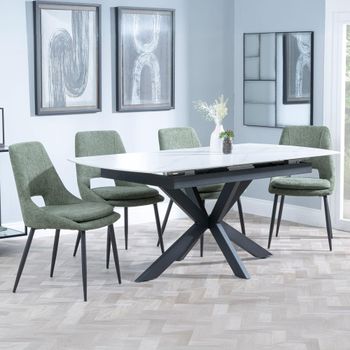 Bari White Ceramic 6-8 Seater 140cm-180cm Extending Dining Set with Peyton Green Fabric Dining Chair
