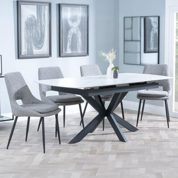 Bari White Ceramic 6-8 Seater 140cm-180cm Extending Dining Set with Peyton Grey Fabric Dining Chair