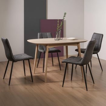 Dansk Scandi Oak Dining Set with Mondrian Dark Grey Faux Leather Chairs