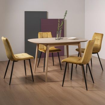 Dansk Scandi Oak Dining Set with Mondrian Mustard Velvet Chairs