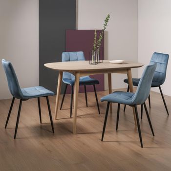 Dansk Scandi Oak Dining Set with Mondrian Petrol Blue Velvet Chairs