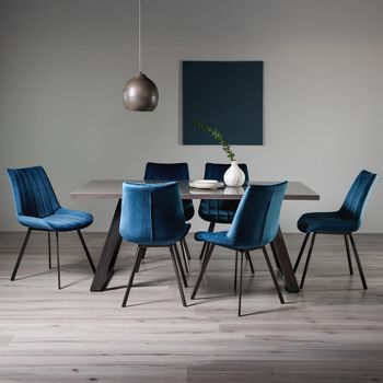 Hirst Grey Painted Glass 6 Seater 90cm Dining Set with 6 Fontana Blue Velvet Chairs