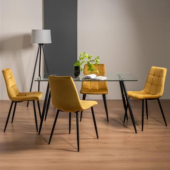 Martini Glass 6 Seater 140cm Dining Set with 4 Mondrian Mustard Velvet Chairs