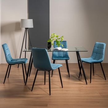 Martini Glass 6 Seater 140cm Dining Set with 4 Mondrian Petrol Blue Velvet Chairs