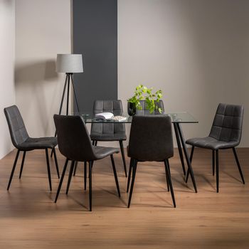 Martini Glass 6 Seater 140cm Dining Set with 6 Mondrian Dark Grey Faux Leather Chairs