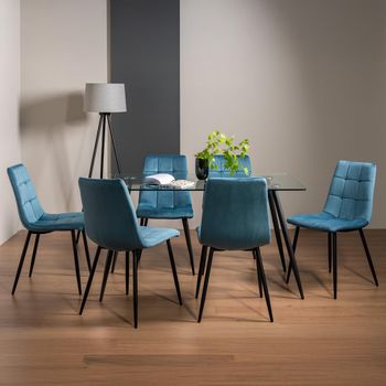 Martini Glass 6 Seater 140cm Dining Set with 6 Mondrian Petrol Blue Velvet Chairs