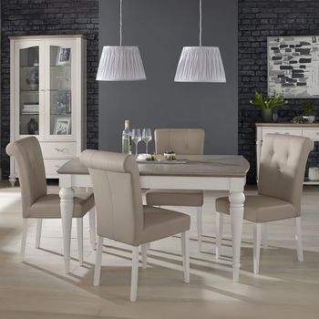 Montreux Grey Washed Oak 4-6 Seater 140-180cm Dining Set with 4 Upholstered Grey Leather Chairs