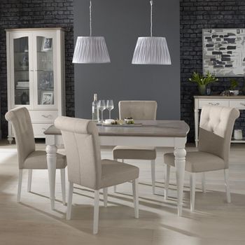 Montreux Grey Washed Oak 4-6 Seater 140-180cm Dining Set with 4 Upholstered Pebble Grey Chairs