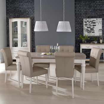 Montreux Grey Washed Oak 6-8 Seater 180-225cm Dining Set with 6 Upholstered Grey Leather Chairs