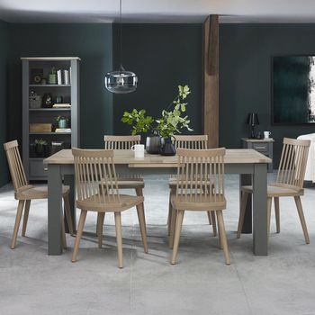 Oakham Dark Grey and Scandi Oak 6-8 Seater 180-225cm Extending Dining Set with 6 Ilva Spindle Chairs