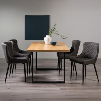 Ramsay Oak 6 Seater 160cm Dining Set with U Leg and 4 Cezanne Dark Grey Chairs & Black Legs