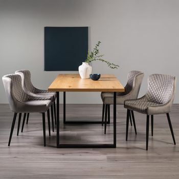 Ramsay Oak 6 Seater 160cm Dining Set with U Leg and 4 Cezanne Grey Velvet Chairs with Black Legs