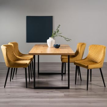Ramsay Oak 6 Seater 160cm Dining Set with U Leg and 4 Cezanne Mustard Velvet Chairs with Black Legs