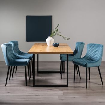 Ramsay Oak 6 Seater 160cm Dining Set with U Leg and 4 Cezanne Petrol Blue Velvet Chairs & Black Legs
