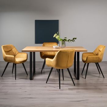Ramsay Oak 6 Seater 160cm Dining Set with U Leg and 4 Dali Mustard Velvet Chairs