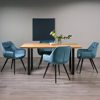 Ramsay Oak 6 Seater 160cm Dining Set with U Leg and 4 Dali Petrol Blue Velvet Chairs