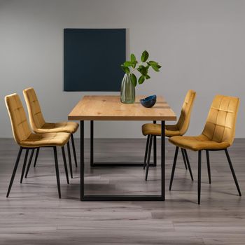 Ramsay Oak 6 Seater 160cm Dining Set with U Leg and 4 Mondrian Mustard Velvet Chairs