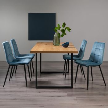 Ramsay Oak 6 Seater 160cm Dining Set with U Leg and 4 Mondrian Petrol Blue Velvet Chairs
