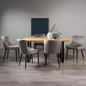 Ramsay Oak 6 Seater 160cm Dining Set with U Leg and 6 Cezanne Grey Velvet Chairs with Black Legs