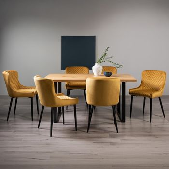 Ramsay Oak 6 Seater 160cm Dining Set with U Leg and 6 Cezanne Mustard Velvet Chairs with Black Legs