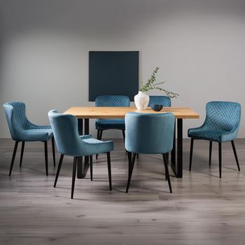 Ramsay Oak 6 Seater 160cm Dining Set with U Leg and 6 Cezanne Petrol Blue Velvet Chairs & Black Legs