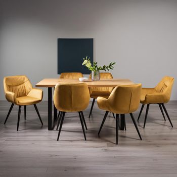 Ramsay Oak 6 Seater 160cm Dining Set with U Leg and 6 Dali Mustard Velvet Chairs