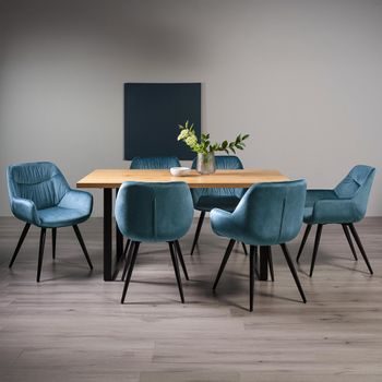 Ramsay Oak 6 Seater 160cm Dining Set with U Leg and 6 Dali Petrol Blue Velvet Chairs