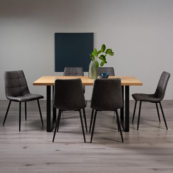 Ramsay Oak 6 Seater 160cm Dining Set with U Leg and 6 Mondrian Dark Grey Faux Leather Chairs