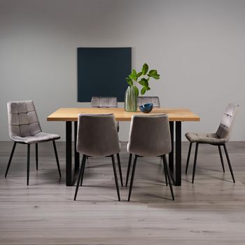 Ramsay Oak 6 Seater 160cm Dining Set with U Leg and 6 Mondrian Grey Velvet Chairs