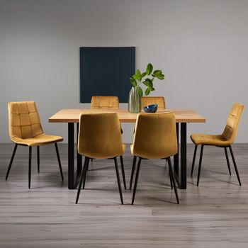 Ramsay Oak 6 Seater 160cm Dining Set with U Leg and 6 Mondrian Mustard Velvet Chairs