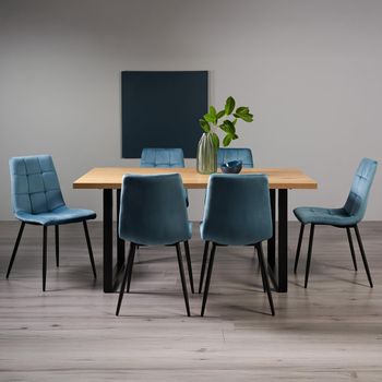 Ramsay Oak 6 Seater 160cm Dining Set with U Leg and 6 Mondrian Petrol Blue Velvet Chairs