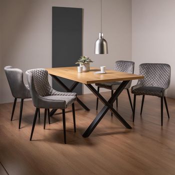Ramsay Oak 6 Seater 160cm Dining Set with X Leg and 4 Cezanne Grey Velvet Chairs with Black Legs