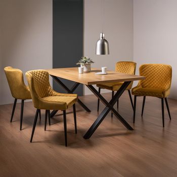 Ramsay Oak 6 Seater 160cm Dining Set with X Leg and 4 Cezanne Mustard Velvet Chairs with Black Legs