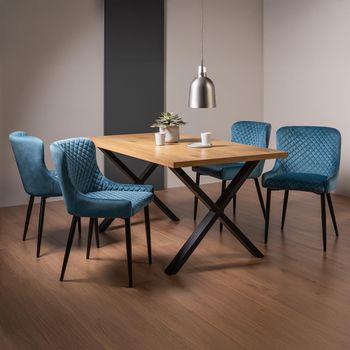 Ramsay Oak 6 Seater 160cm Dining Set with X Leg and 4 Cezanne Petrol Blue Velvet Chairs & Black Legs