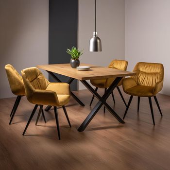 Ramsay Oak 6 Seater 160cm Dining Set with X Leg and 4 Dali Mustard Velvet Chairs