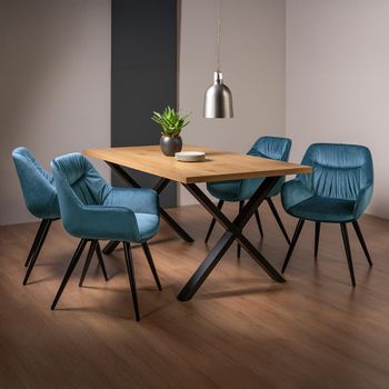 Ramsay Oak 6 Seater 160cm Dining Set with X Leg and 4 Dali Petrol Blue Velvet Chairs