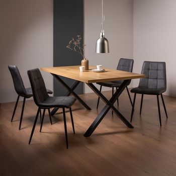 Ramsay Oak 6 Seater 160cm Dining Set with X Leg and 4 Mondrian Dark Grey Faux Leather Chairs