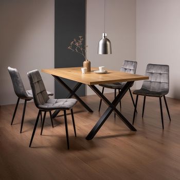 Ramsay Oak 6 Seater 160cm Dining Set with X Leg and 4 Mondrian Grey Velvet Chairs