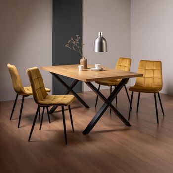 Ramsay Oak 6 Seater 160cm Dining Set with X Leg and 4 Mondrian Mustard Velvet Chairs