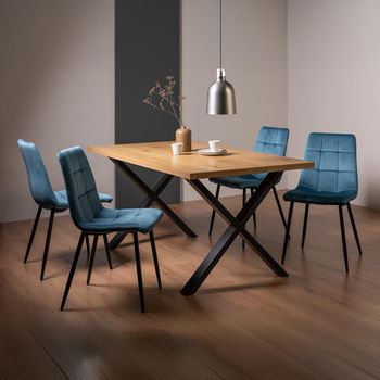 Ramsay Oak 6 Seater 160cm Dining Set with X Leg and 4 Mondrian Petrol Blue Velvet Chairs