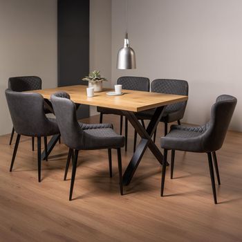 Ramsay Oak 6 Seater 160cm Dining Set with X Leg and 6 Cezanne Dark Grey Chairs & Black Legs