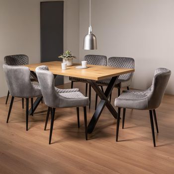 Ramsay Oak 6 Seater 160cm Dining Set with X Leg and 6 Cezanne Grey Velvet Chairs with Black Legs