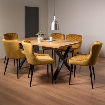 Ramsay Oak 6 Seater 160cm Dining Set with X Leg and 6 Cezanne Mustard Velvet Chairs with Black Legs