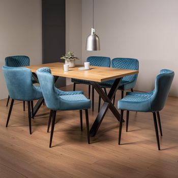 Ramsay Oak 6 Seater 160cm Dining Set with X Leg and 6 Cezanne Petrol Blue Velvet Chairs & Black Legs