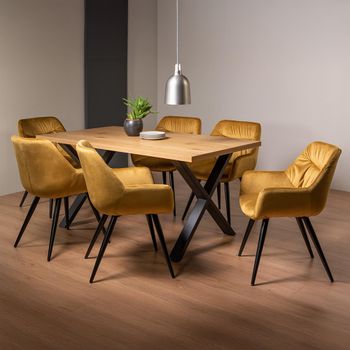 Ramsay Oak 6 Seater 160cm Dining Set with X Leg and 6 Dali Mustard Velvet Chairs