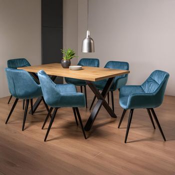 Ramsay Oak 6 Seater 160cm Dining Set with X Leg and 6 Dali Petrol Blue Velvet Chairs