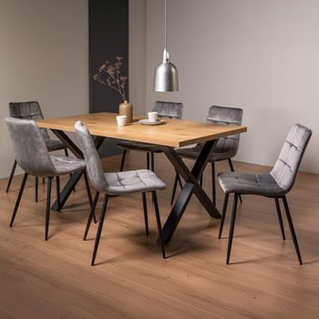 Ramsay Oak 6 Seater 160cm Dining Set with X Leg and 6 Mondrian Grey Velvet Chairs
