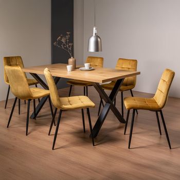Ramsay Oak 6 Seater 160cm Dining Set with X Leg and 6 Mondrian Mustard Velvet Chairs