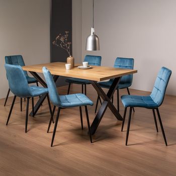 Ramsay Oak 6 Seater 160cm Dining Set with X Leg and 6 Mondrian Petrol Blue Velvet Chairs